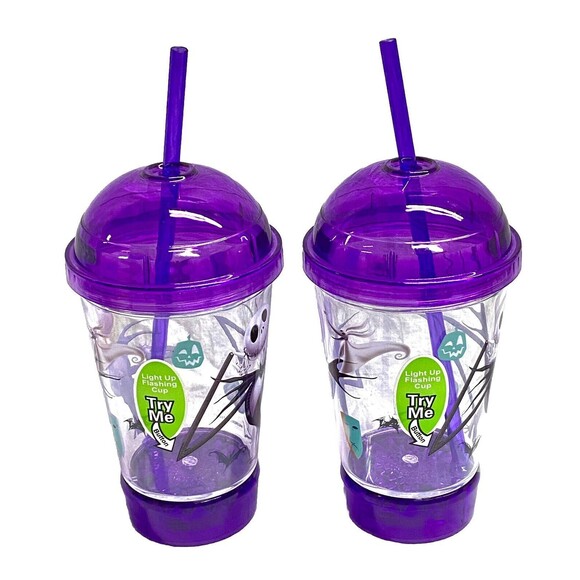 Jack Skellington Flashing Lights Purple Dome Top Cup W Straw New Lot Of 2 Disney - Picture 2 of 6